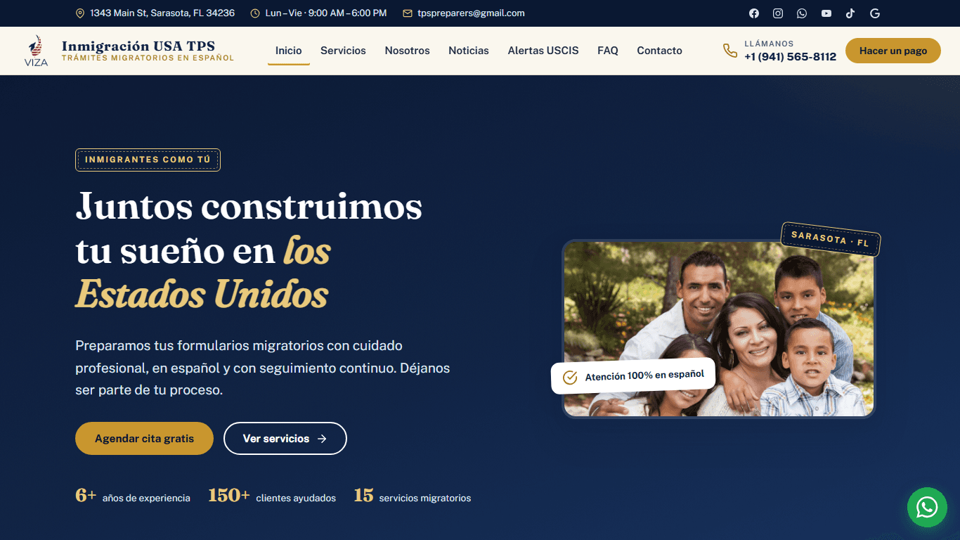 Captura de la landing page de Inmigración USA TPS