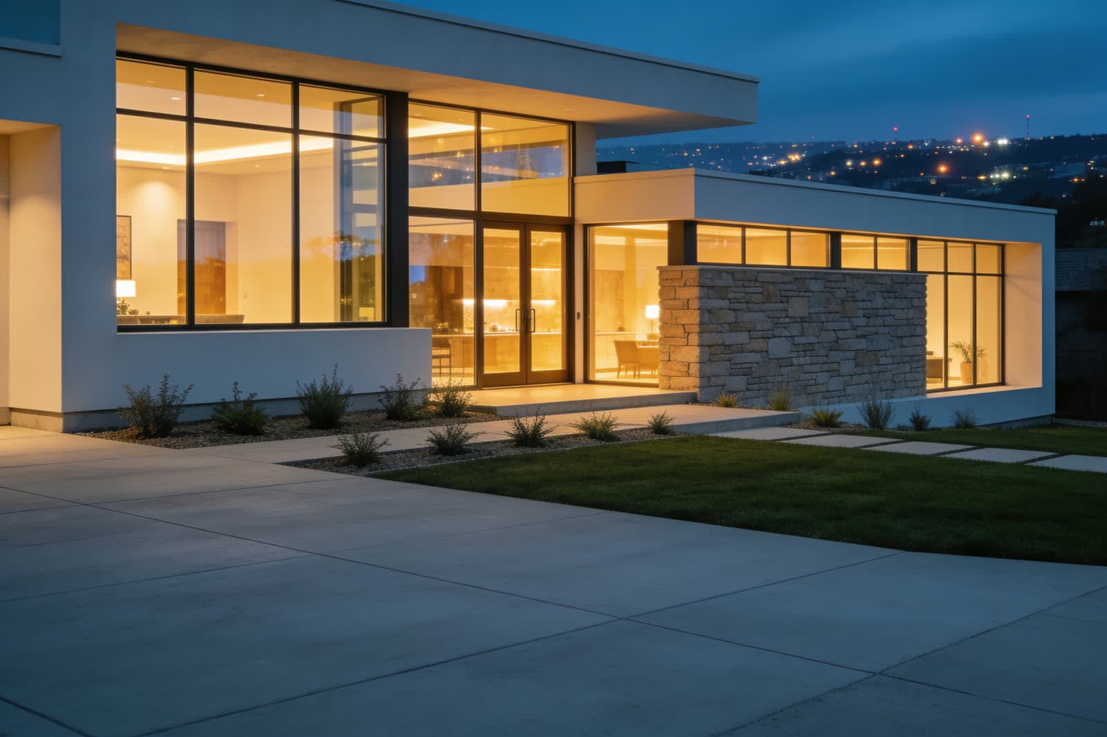 Casa moderna de lujo al anochecer con grandes ventanales iluminados desde el interior y jardín cuidado