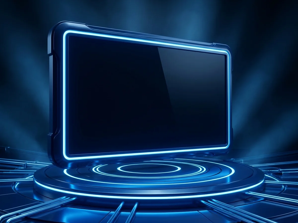 Pantalla en blanco sobre un pedestal iluminado en azul, sin ningún dato que mostrar